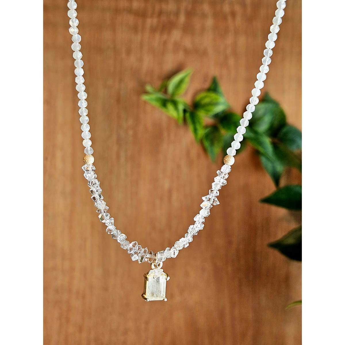 Gold Filled Rainbow Moonstone & Herkimer Diamond Necklace
