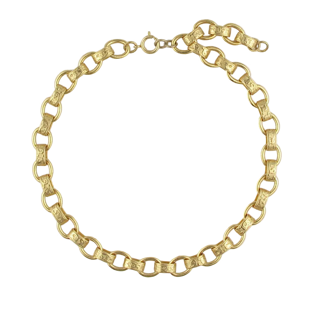 A gold chain link necklace with elongated oval links and a lobster clasp, displayed on a clean white background.