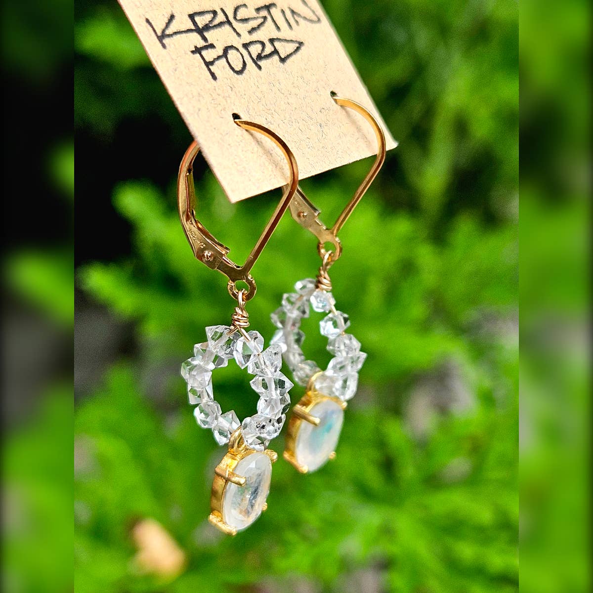 Gold Filled Rainbow Moonstone & Herkimer Diamond Earrings