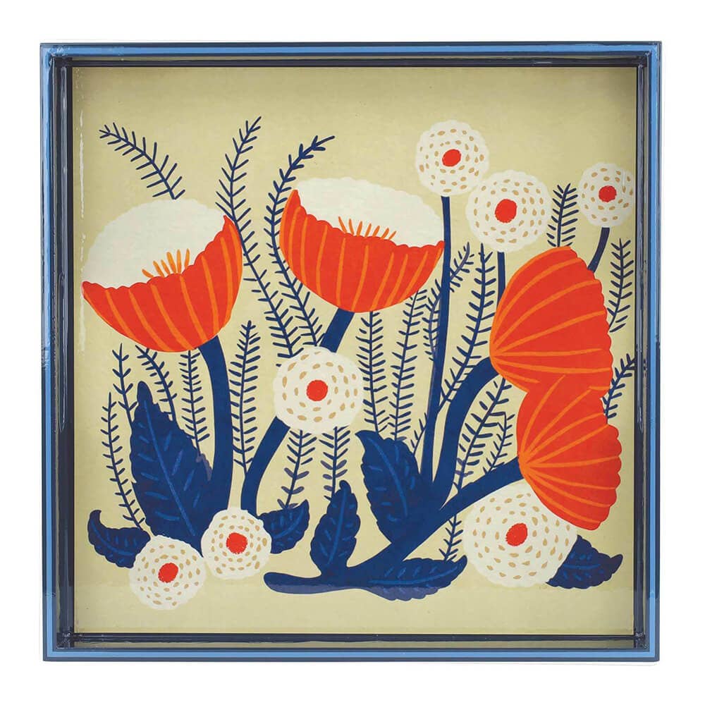 Framed artwork with red and blue floral design on a beige background