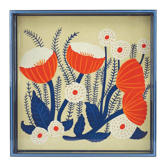 Framed artwork with red and blue floral design on a beige background