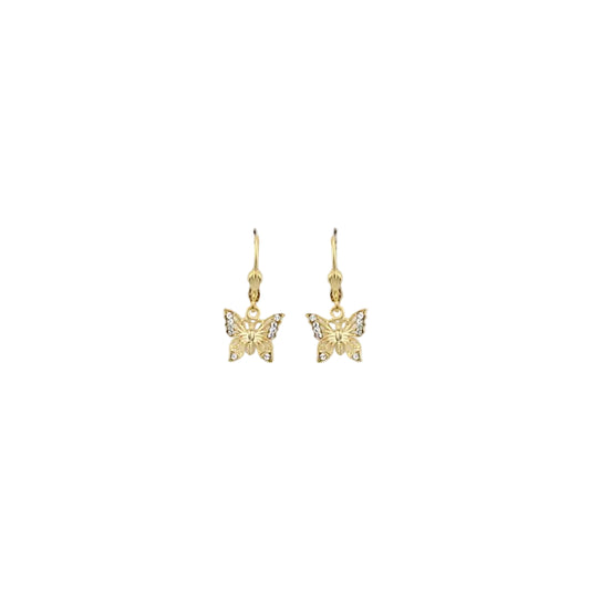 Gold butterfly earrings on a light gray background