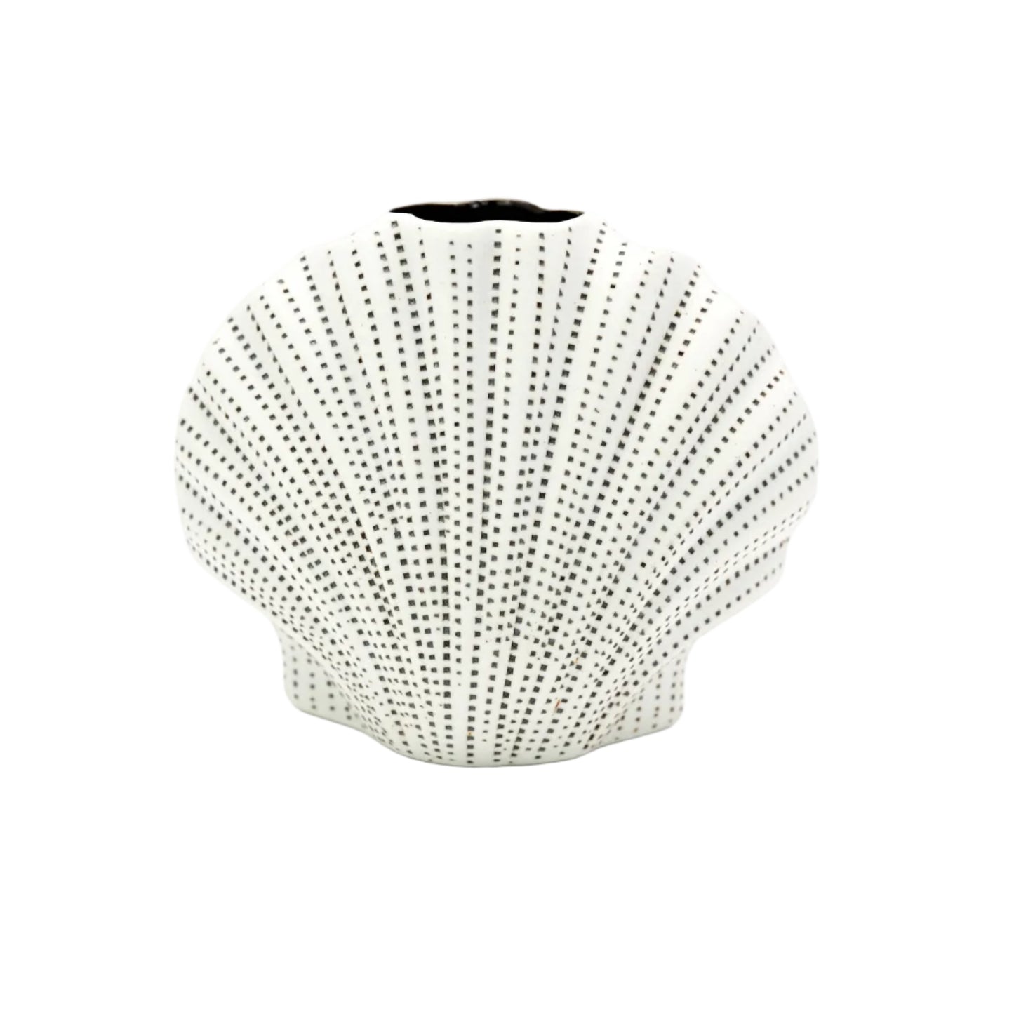 Hexagonal vase with black dot pattern and measurements on a white background