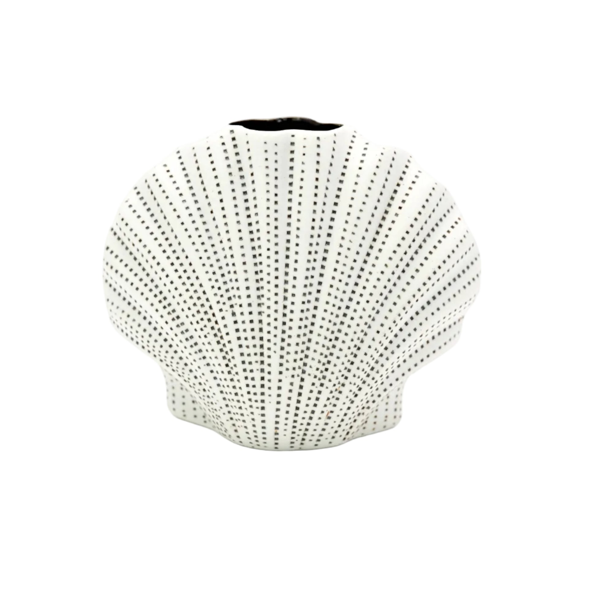 Hexagonal vase with black dot pattern and measurements on a white background