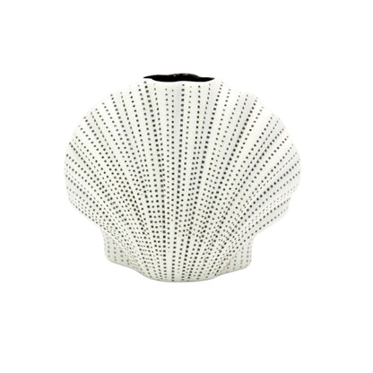 Hexagonal vase with black dot pattern and measurements on a white background