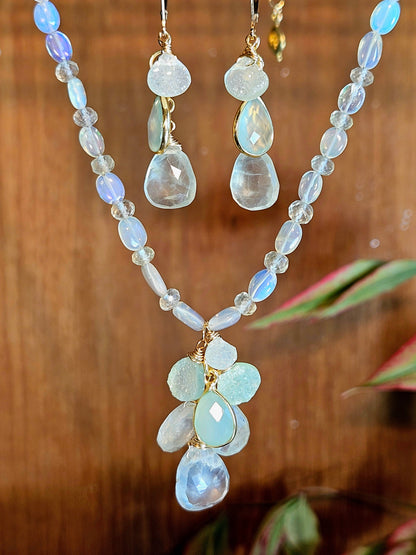 Prehnite, Chalcedony & Druzy Agate Earrings