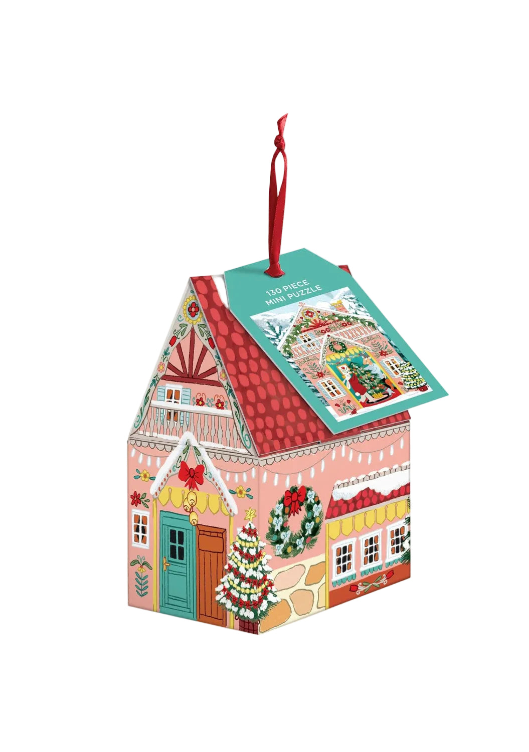 Colorful house-shaped puzzle box with a red roof and festive decorations on a white background.