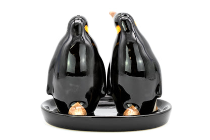 SALT AND PEPPER SHAKER Penguins & black ceramic tray