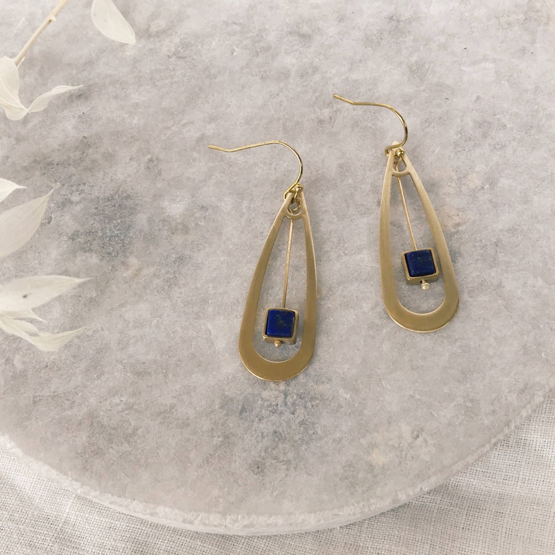 Lapis drop earring in brass teardrop - r. h. ballard shop & gallery