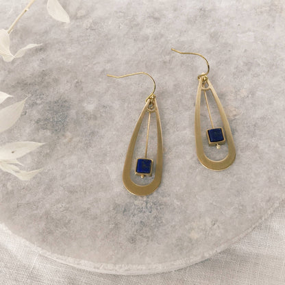 Lapis drop earring in brass teardrop - r. h. ballard shop & gallery