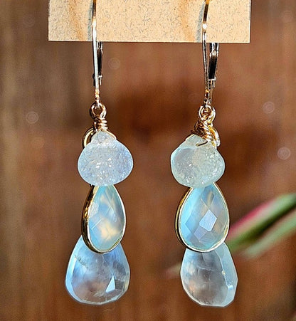 Prehnite, Chalcedony & Druzy Agate Earrings