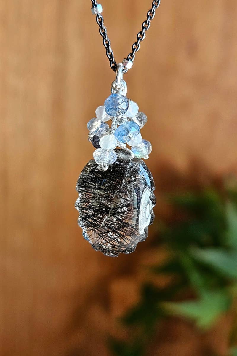 Carved Black Tourmalinated Quartz Necklace NBK0726