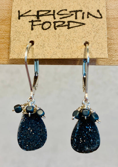 Sterling Silver Black Druzy & Hematite Cluster Earrings
