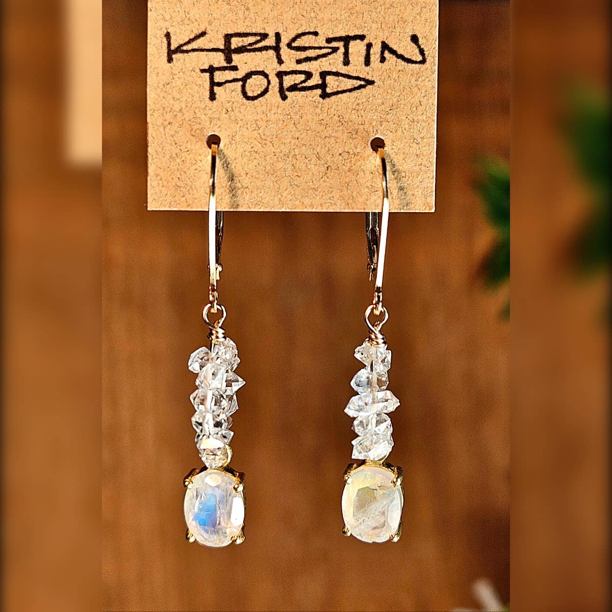 Gold Filled Rainbow Moonstone & Herkimer Diamond Earrings