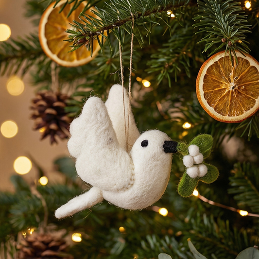 Handmade Felt Mistletoe Dove Hanging Christmas Decoration - r. h. ballard shop & gallery