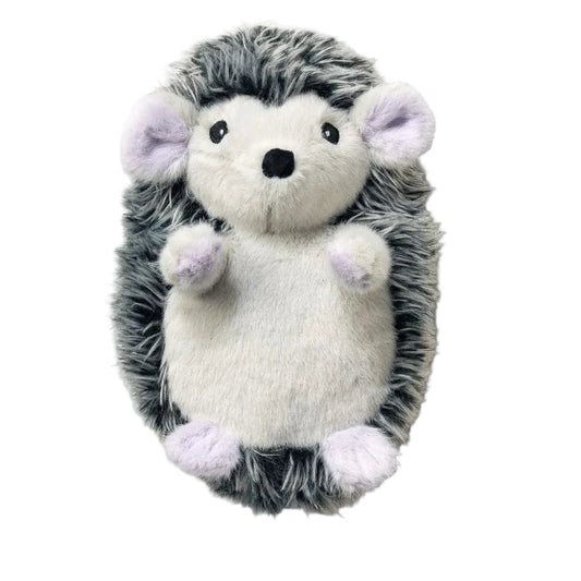 A plush hedgehog toy with gray and white faux fur, light purple ears, paws, and feet, and a black stitched nose and eyes, shown on a white background with a drop shadow.