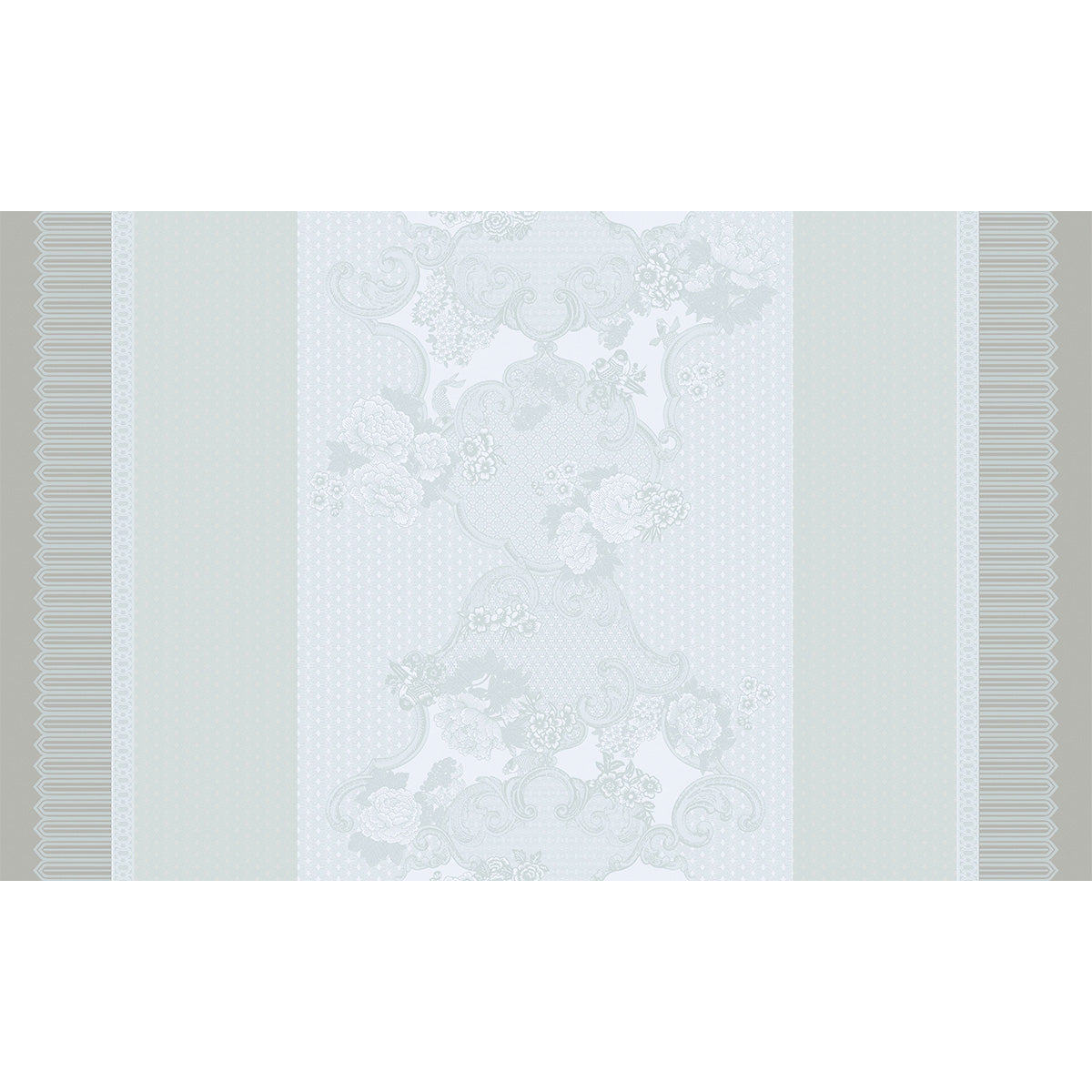 Decorative wallpaper with floral pattern and striped border on a light gray background