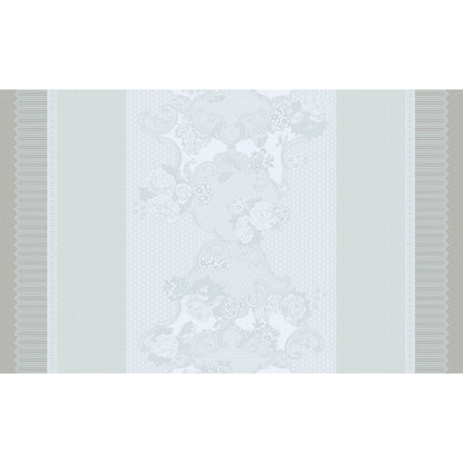 Decorative wallpaper with floral pattern and striped border on a light gray background