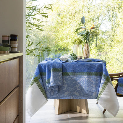 Escapade Tropicale Blue Linen Tablecloth, 69" x 126"