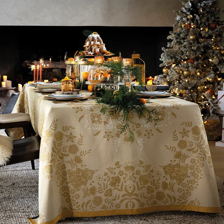 69” x 69" Square Feerie Holiday Yellow/Gold Tablecloth