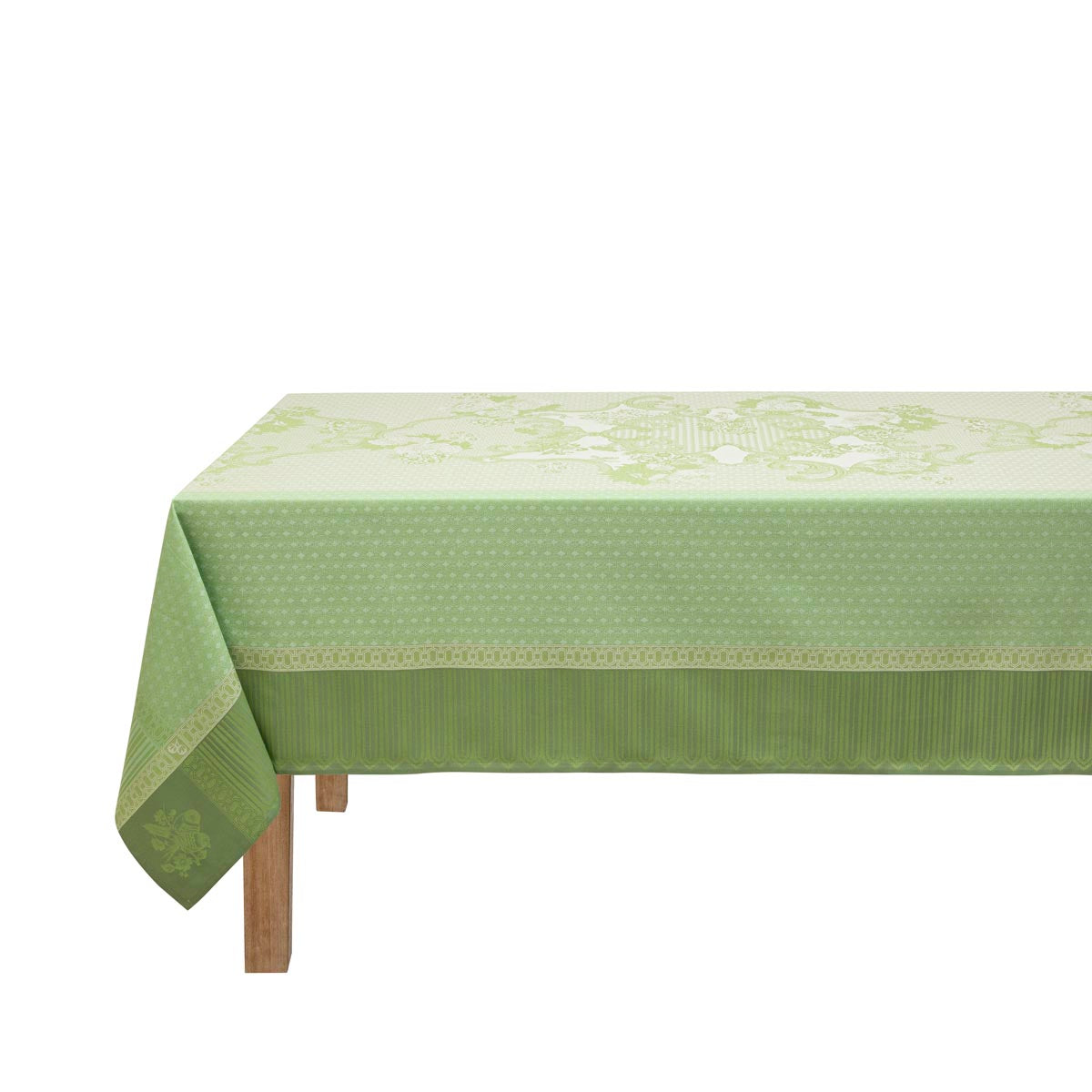 Green tablecloth with floral pattern on a white background