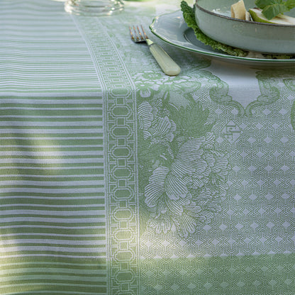 Green and white patterned tablecloth with a plate and fork on a table.