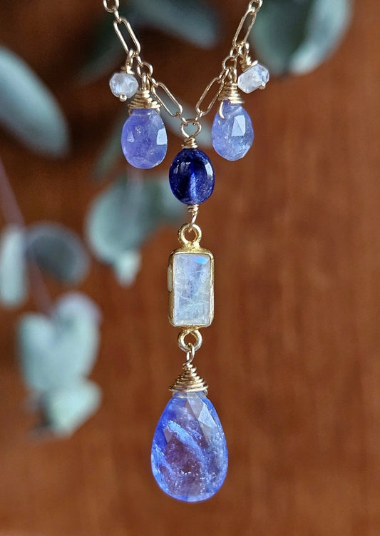 Sapphire, Rainbow Moonstone, Tanzanite Necklace