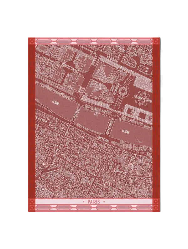 A Paris street map art print featuring white line drawings and labels of Parisian streets and landmarks on a muted red background, framed by a decorative red border with 'PARIS' at the bottom.