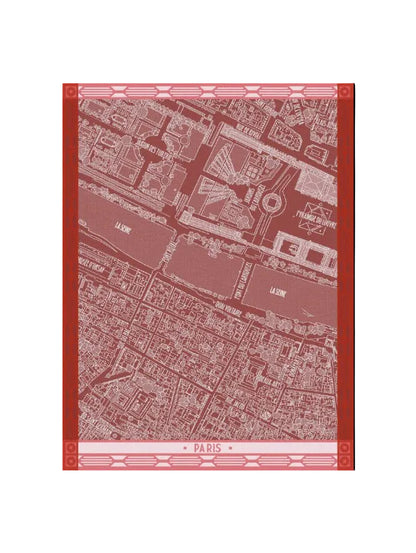 A Paris street map art print featuring white line drawings and labels of Parisian streets and landmarks on a muted red background, framed by a decorative red border with 'PARIS' at the bottom.