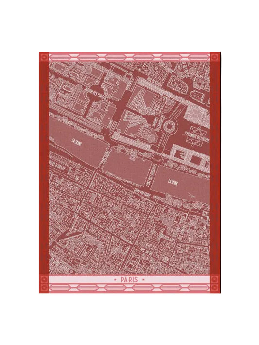 A Paris street map art print featuring white line drawings and labels of Parisian streets and landmarks on a muted red background, framed by a decorative red border with 'PARIS' at the bottom.