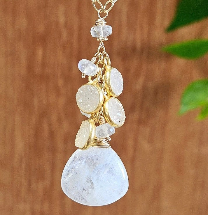 Rainbow Moonstone and Druzy Agate Necklace