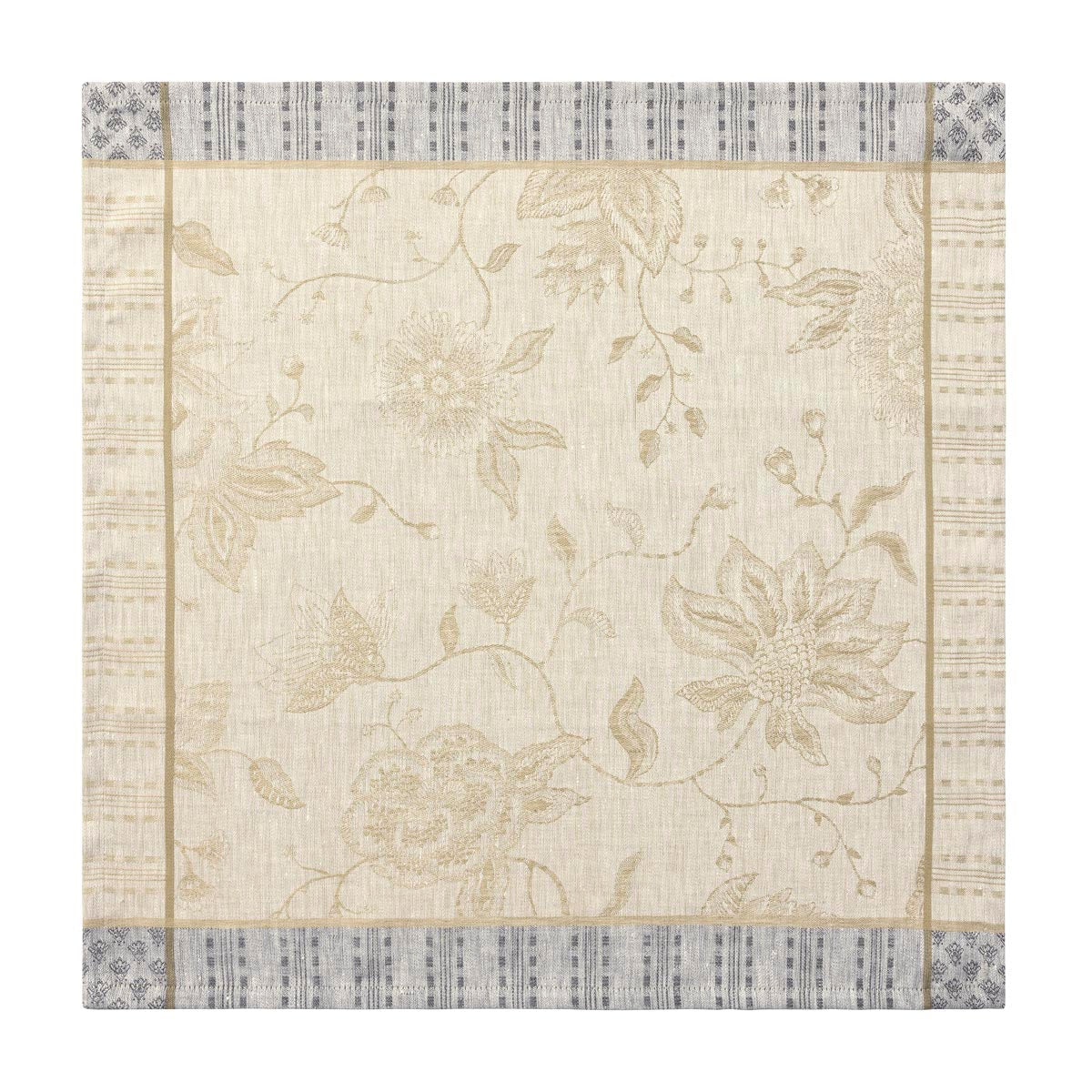 Floral patterned rug with a striped border on a white background