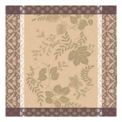 A square decorative panel or tile featuring a beige center with muted olive botanical leaf and vine motifs, surrounded by brown and cream patterned borders.
