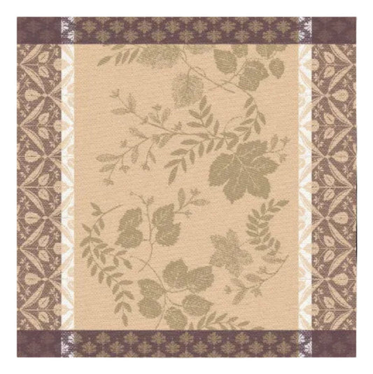 A square decorative panel or tile featuring a beige center with muted olive botanical leaf and vine motifs, surrounded by brown and cream patterned borders.
