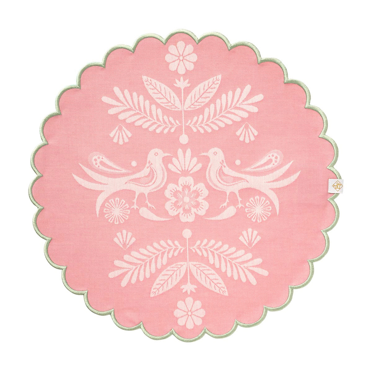 Decorative pink circular design with white floral and bird patterns on a white background