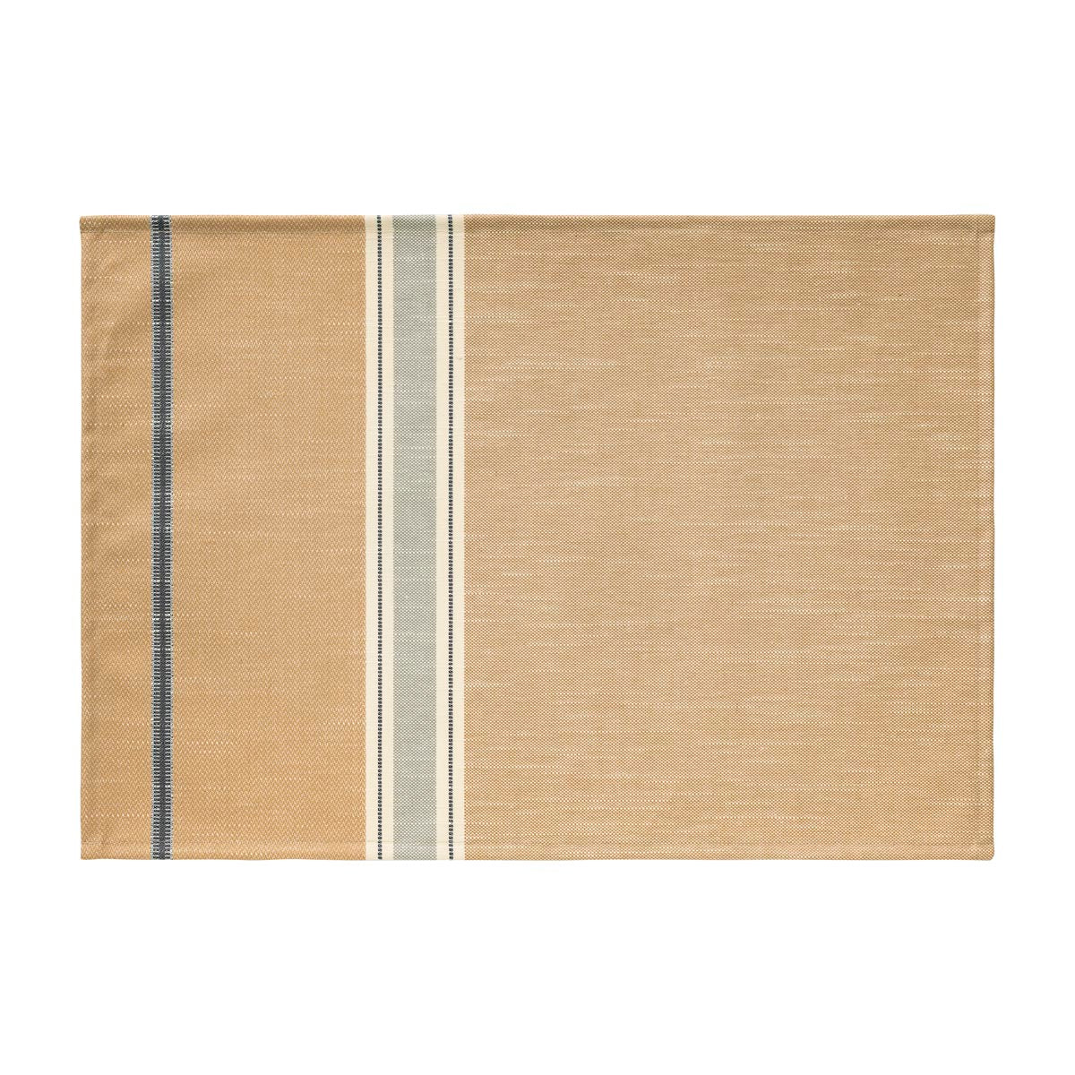 Beige woven placemat with two vertical stripes on a white background