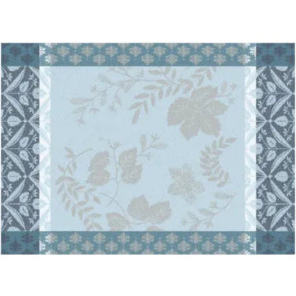 A square decorative pattern panel with a pale blue center, muted gray botanical leaf motifs, and ornate blue-gray and white border bands.