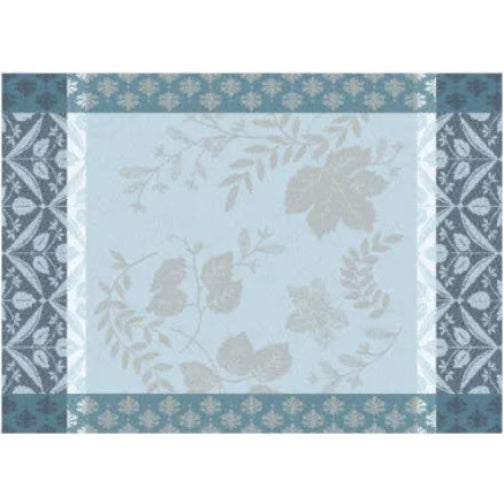 A square decorative pattern panel with a pale blue center, muted gray botanical leaf motifs, and ornate blue-gray and white border bands.