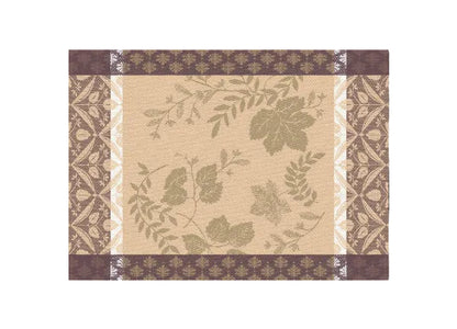 A decorative botanical pattern featuring muted olive-green leafy vines on a warm beige center field, framed by brown and beige ornamental borders with repeating floral motifs.