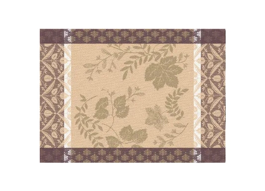 A decorative botanical pattern featuring muted olive-green leafy vines on a warm beige center field, framed by brown and beige ornamental borders with repeating floral motifs.