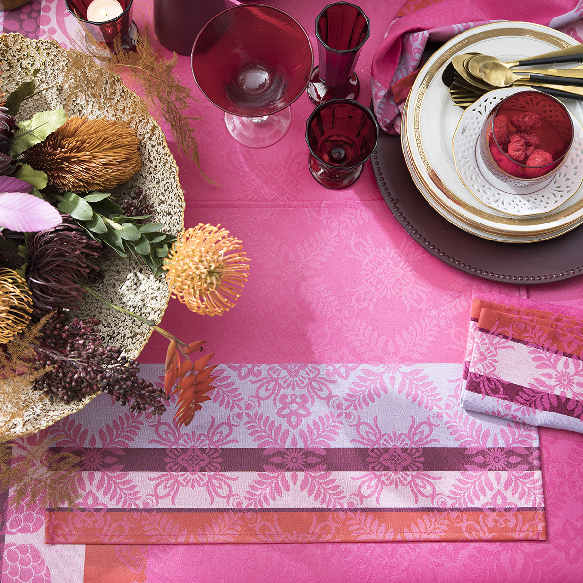 NEW! Mumbai Fuchsia Tablecloth COATED