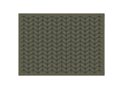 A close-up of a woven fabric or rug showing a repeating geometric pattern in dark olive green and brown tones.