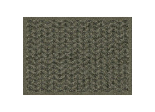 A close-up of a woven fabric or rug showing a repeating geometric pattern in dark olive green and brown tones.