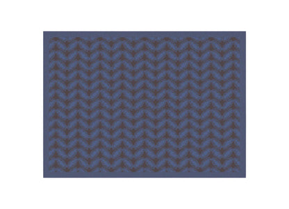 A close-up of a repeating fabric pattern featuring blue and dark brown wavy, leaf-like motifs on a solid blue background.