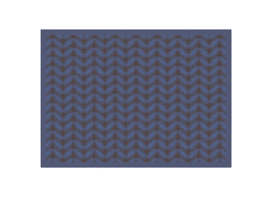 A close-up of a repeating fabric pattern featuring blue and dark brown wavy, leaf-like motifs on a solid blue background.