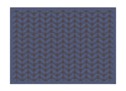 A close-up of a repeating fabric pattern featuring blue and dark brown wavy, leaf-like motifs on a solid blue background.