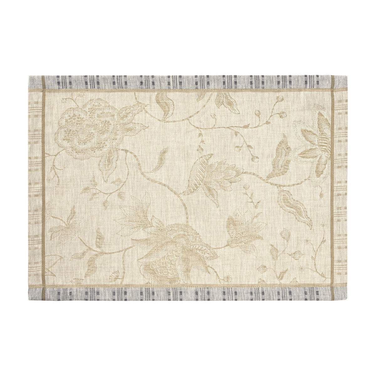 Floral patterned rug with a beige background on a white background