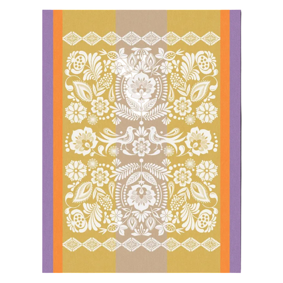 Decorative fabric with white floral and paisley patterns on a striped background