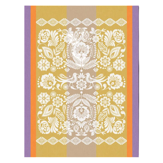 Decorative fabric with white floral and paisley patterns on a striped background