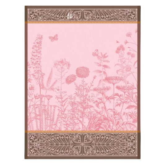 Decorative design with pink floral pattern and gold border on a pink background